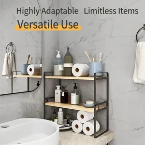Minimalist 2-tier black iron and wood countertop shelf for kitchen and bathroom storage