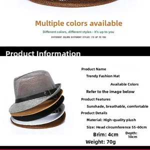 Breathable mesh fedora hat with dimensions 55-60cm circumference and 4cm brim detail