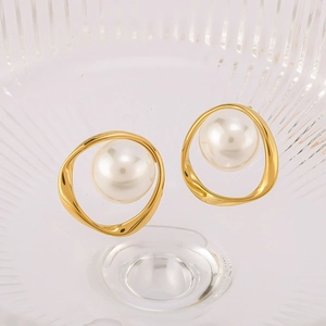 Stainless Steel Artificial Pearl Stud Earrings 18K Gold Plated French Retro Irregular Geometric Circle For Women Elegant