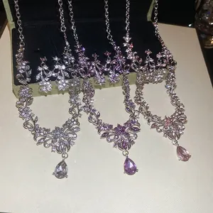 Elegant rhinestone leaf and flower jewelry set with water-drop crystals in three colors