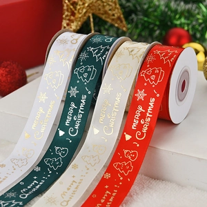 Christmas Ribbons Polyester Grosgrain Satin Bronzing Printed For Gift Wrapping DIY Craft Holiday Festive Decoration