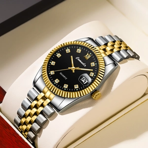 Detailed macro view of quartz watch with black dial, gold bezel, and diamond markers