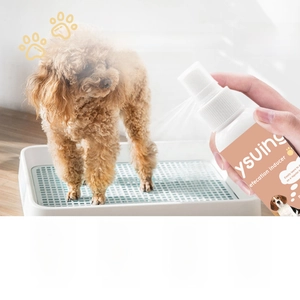Pet toilet training spray for dogs shown with indoor tray for potty behavior guidance