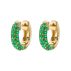 Luxury gold hoop earrings with double-row emerald green zircons on white background