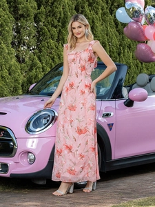 Robe Maxi Imprimée Florale Française Mousseline Dos Nu À Nouer Bretelles À Volants Élégante Vacances D'Été Femmes