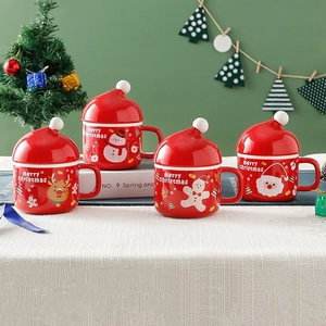 Christmas Ceramic Mug With Santa Hat Lid Cartoon Snowman Gingerbread Man Coffee Water Cup Holiday Gift