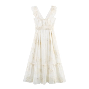 Robe midi blanc cassé élégante avec col en V, manches volantées et broderies pailletées