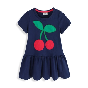 Short-sleeved navy blue knitted princess dress for girls with red cherry embroidery