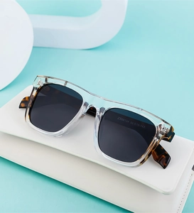 Close-up of retro square sunglasses with tortoiseshell and transparent frame detail