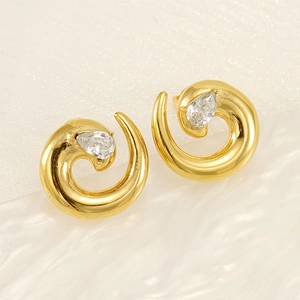 Vintage spiral gold-plated stainless steel earrings with pear-cut zircon stones