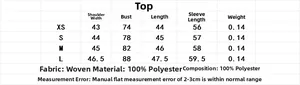 Size guide for French lace knit top with measurements for shoulder, chest, and length