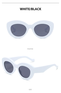 Front and side views of retro cat eye sunglasses with white frame and dark lenses