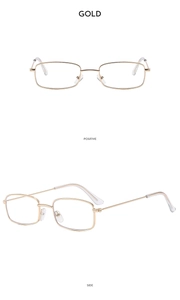 Detail view of gold rectangular metal sunglasses frames from front and side perspectives