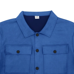 Detail of blue faux suede jacket collar with black buttons and dual chest pockets