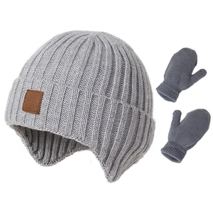 Kids Knitted Hat And Mittens Winter Warm Ear Flaps Beanie Ribbed Heart Pattern For Baby Toddlers