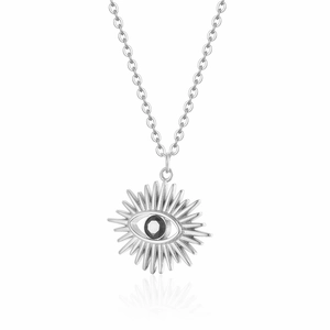 Retro evil eye pendant necklace in silver stainless steel with sunburst design and black stone