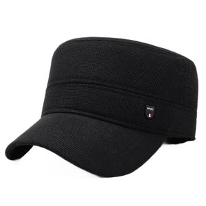 Black winter cadet hat for men with warm knit texture and sporty side label detail