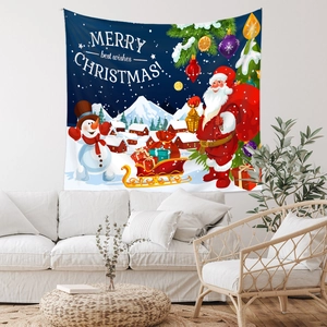 Detail view of a Christmas tapestry with Santa Claus and snowman on a living room wall
