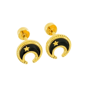 Detail of 18k gold plated moon and star stud earrings with black inlay detail