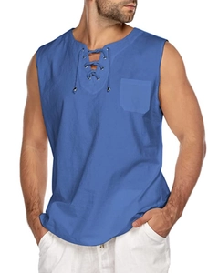 Detail of men's cotton linen sleeveless shirt featuring lace-up V-neck and chest pocket