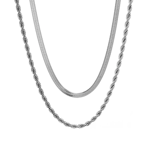 Polished silver stainless steel layered necklace set with rope and flat snake chains