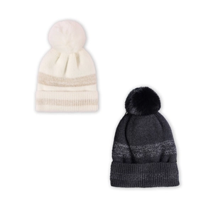 Winter knitted beanie hats in cream and charcoal grey with striped patterns and fur pom poms