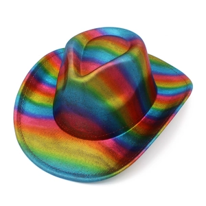 Detailed view of rainbow iridescent western cowboy hat with metallic glossy texture