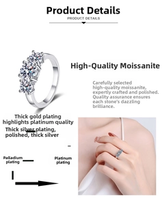 Detailed view of S925 silver moissanite ring showing rhodium plating and three-stone design
