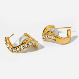 Stainless Steel 18K Gold Plated Wave Artificial Pearl Stud Earrings Luxury Zircon Inlaid Elegant Design Jewelry For Women Daily Fashion