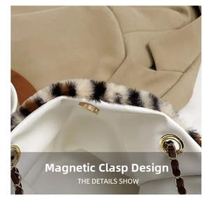 Detail showing the magnetic closure and leopard print faux fur trim of this chain bag