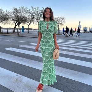 Women Maxi Dress Chiffon Green Fan Leaf Print Cutout Puff Sleeve Backless High Waist Vacation Long Dress