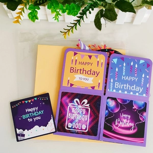 Handmade 3D pop-up Happy Birthday card with colorful balloons, gift boxes and candles