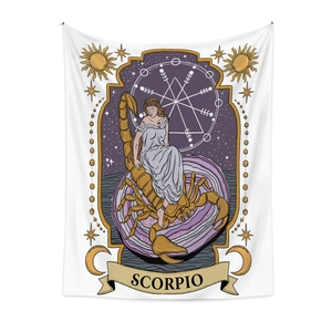 Scorpio zodiac tapestry featuring a mystic woman and scorpion in vintage gold and purple