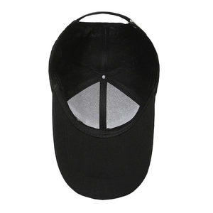 Internal view of black cotton canvas baseball cap showing six-panel stitch and strap