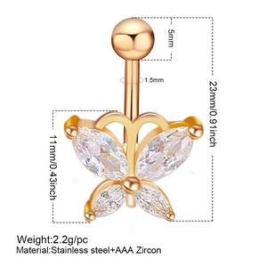 Detailed size specifications for gold butterfly belly ring with AAA Zircon and stainless steel