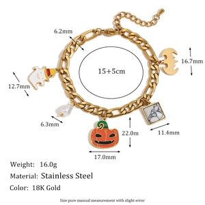 Bracciale Halloween in acciaio placcato oro 18K con ciondoli a zucca, fantasma e pipistrello