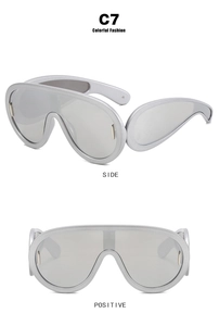 Front and side views of futuristic silver matte wraparound shield sunglasses with mirror lenses