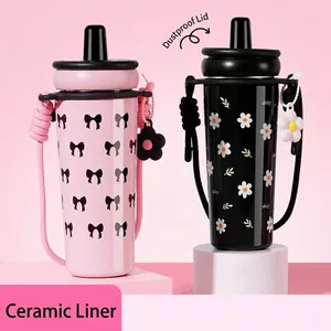 Insulated Straw Water Bottle 316 Stainless Steel Ceramic Coating Vacuum Flask Portable Cute Cup For School Office Girls