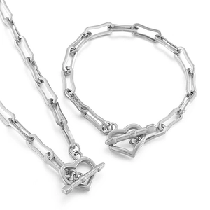 Silver stainless steel paperclip chain jewelry set with heart toggle clasp for women