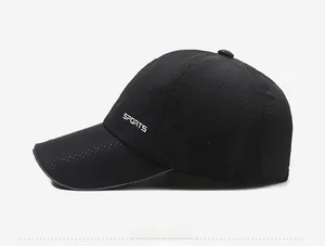 Detail view of black breathable mesh baseball cap with white SPORTS side lettering