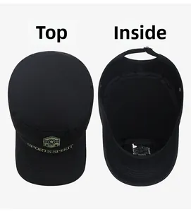 Draufsicht und Innenansicht der schwarzen Army-Kappe mit Stickerei und verstellbarem Band