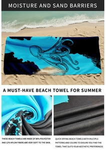 Detailed view of quick-dry octopus beach towel with 88% polyester and 12% nylon fabric