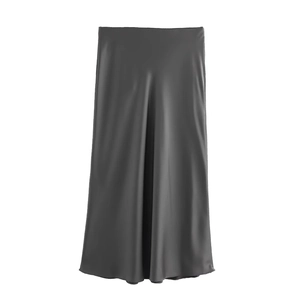 Detail view of charcoal gray satin midi skirt showing premium glossy texture on white background