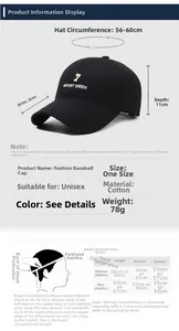 Size chart showing baseball cap dimensions with 8cm brim and adjustable 56-60cm headband