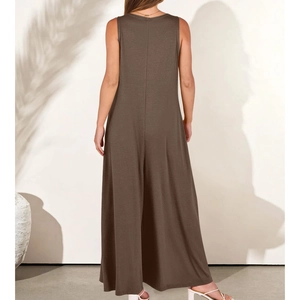 Back view of a sleeveless dark brown wide-leg knit jumpsuit with a flowy draped silhouette