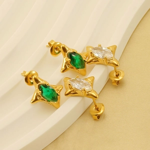 Star-shaped gold earrings with emerald and clear marquise-cut zircon in set