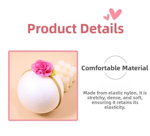 Detail of soft nylon infant headband showing extreme stretch and dense floral texture