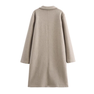 Elegant beige long wool coat for women with classic lapel and premium textured back detail