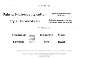 Size chart showing breathable cotton ivy cap details with 56-61cm adjustable head size
