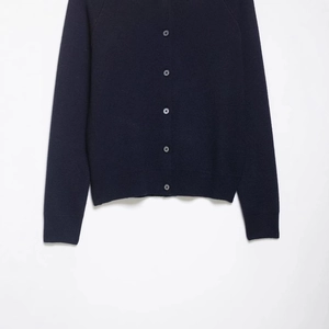 Classic dark blue knit cardigan with round collar and five-button closure for women